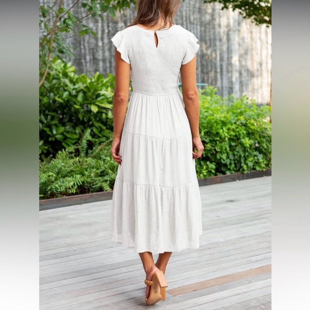 Merokeety White Tiered Midi Dress Smocked Bodice Flutter Sleeve Medium - Picture 2 of 6